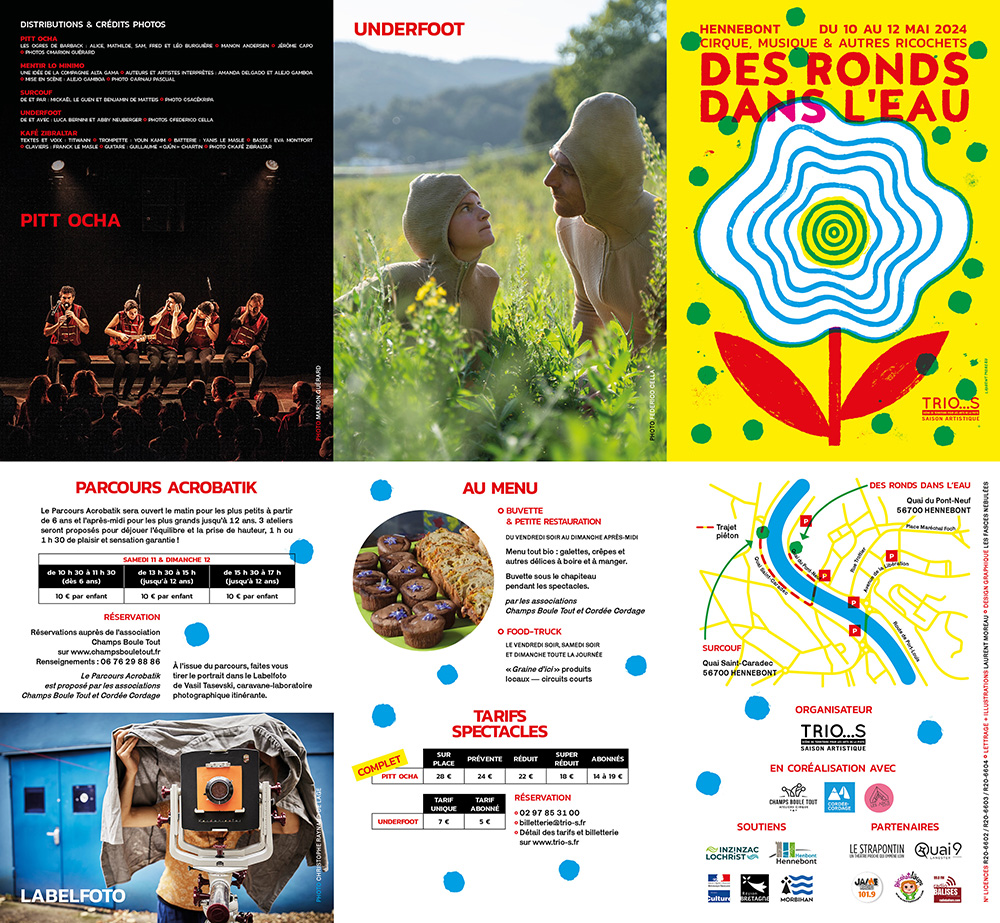 Recto du dépliant ouvert du festival Des ronds dans l'eau 2024
