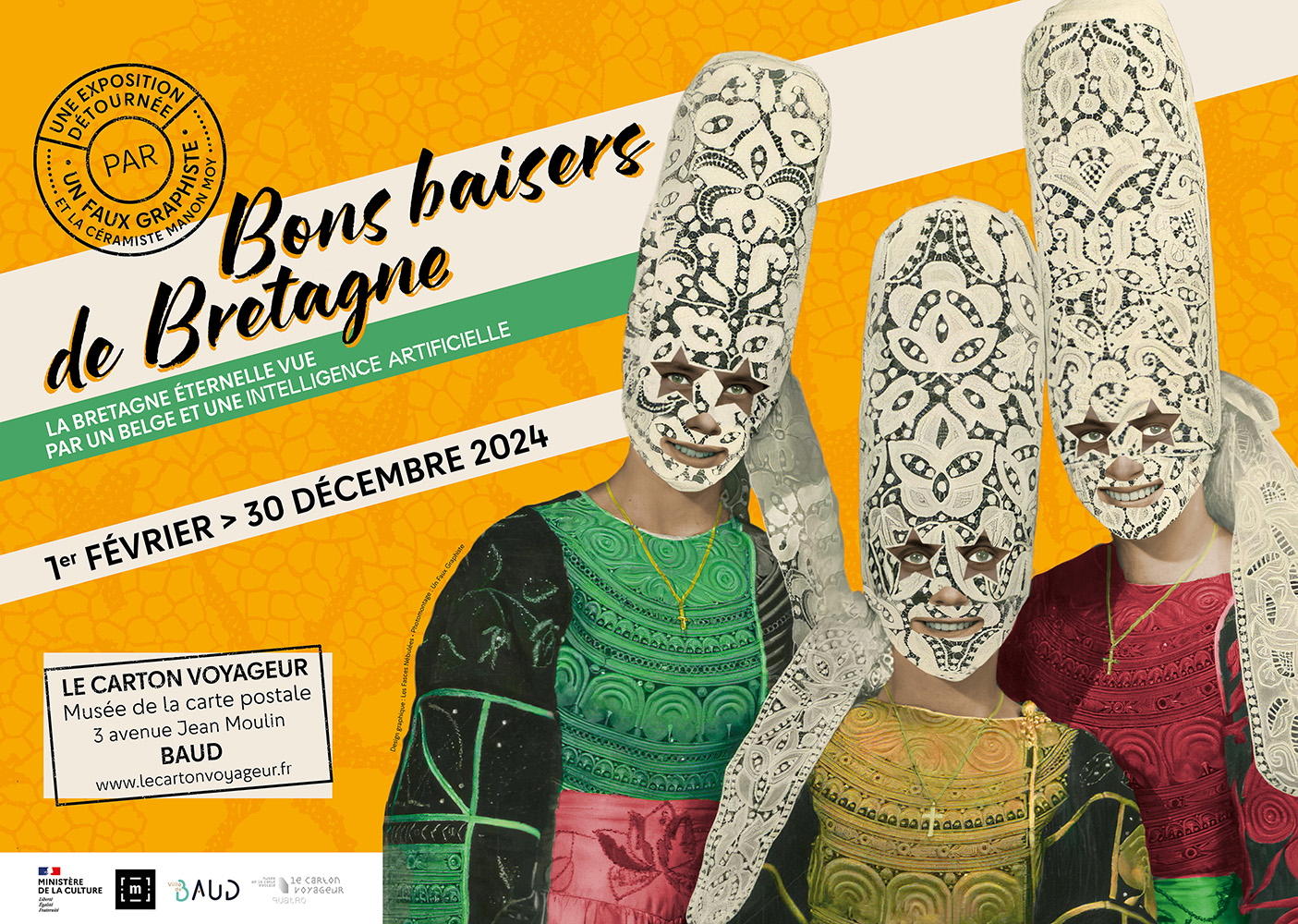 Affiche horizontale de l'exposition Bons baisers de Bretagne avec les luchadores bretonnes d'Un Faux Graphiste