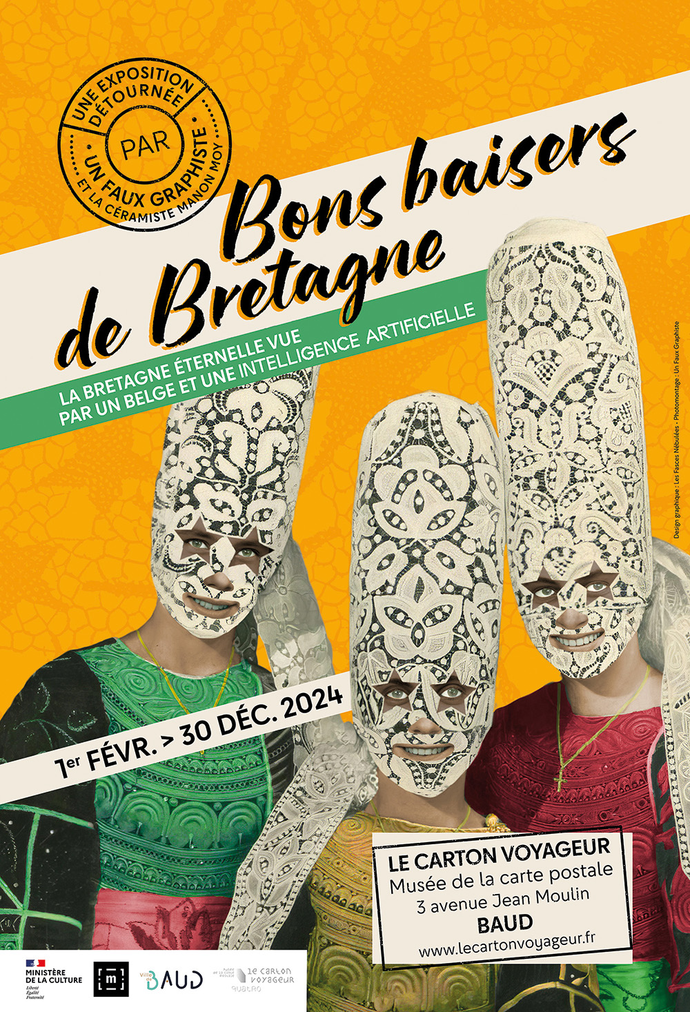 Affiche verticale de l'exposition Bons baisers de Bretagne avec les luchadores bretonnes d'Un Faux Graphiste