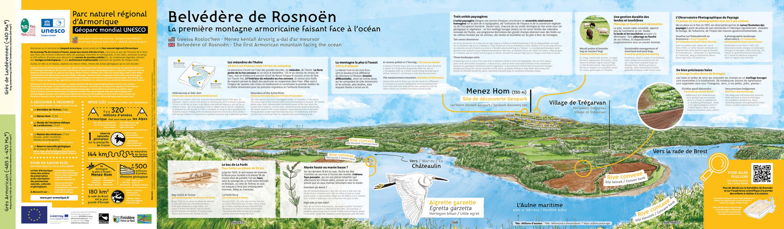 Panneau d'interprétation paysagère du Belvédère de Rosnoën dans les Monts d'Arrée pour le Geopark Armorique