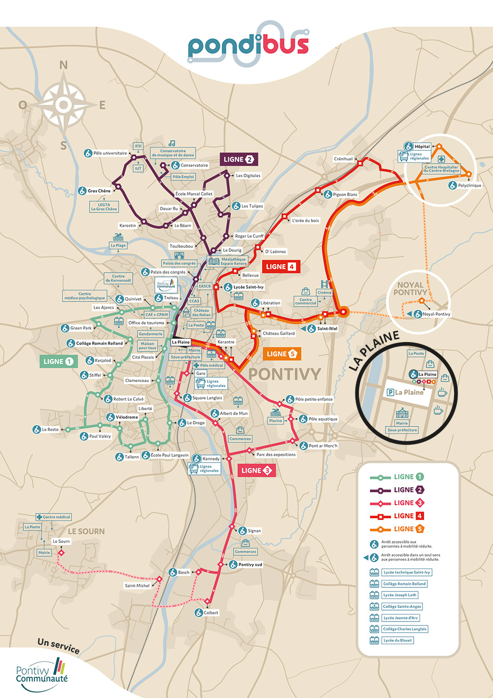 Carte de Pontivy avec les lignes de bus