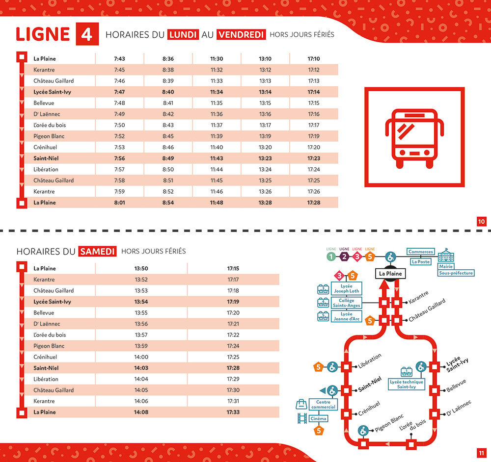 Pages 10 et 11 du guide horaires du Pondibus