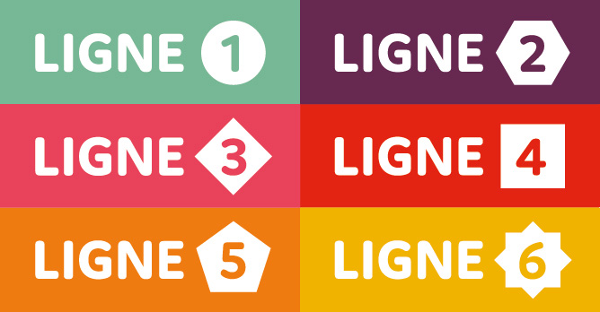 Couleurs et formes des 6 lignes de bus