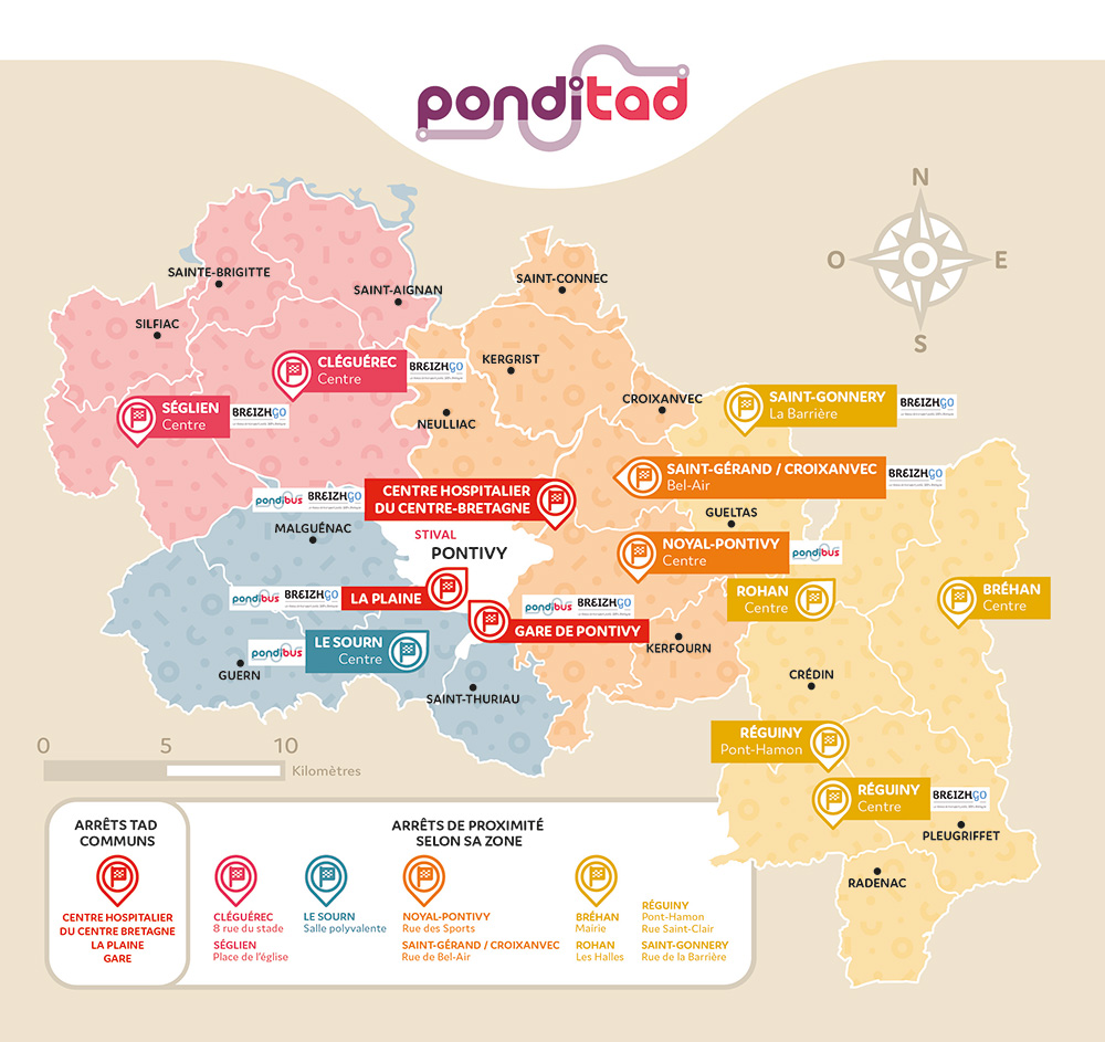 Pages 4 et 5 du guide horaires du Ponditad avec la carte du territoire de Pontivy Communauté