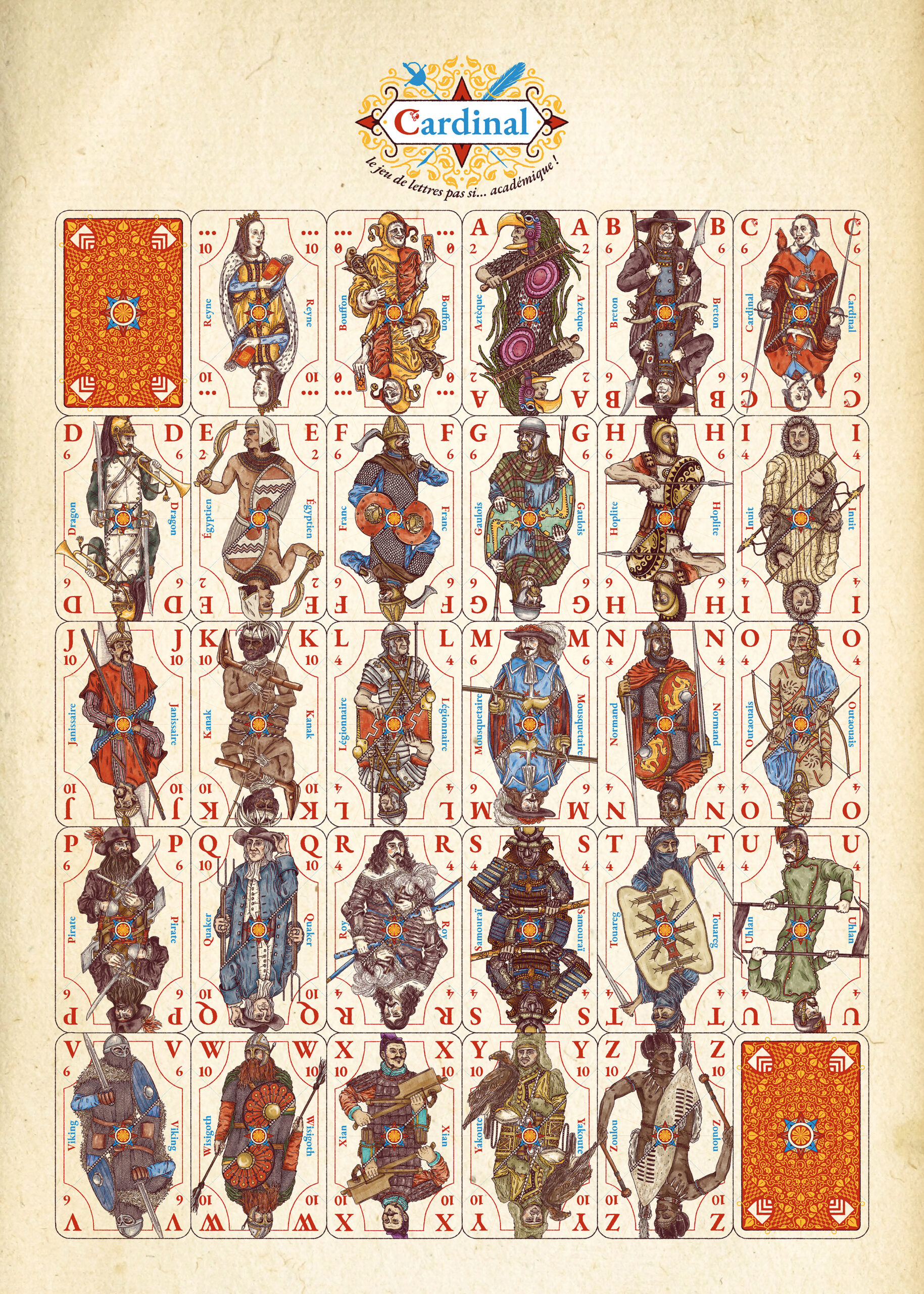 Affiche A3 comportant l'ensemble des cartes majuscules du jeu Cardinal.