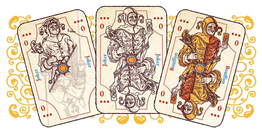 Progression de la création du bouffon sur la carte joker majuscule