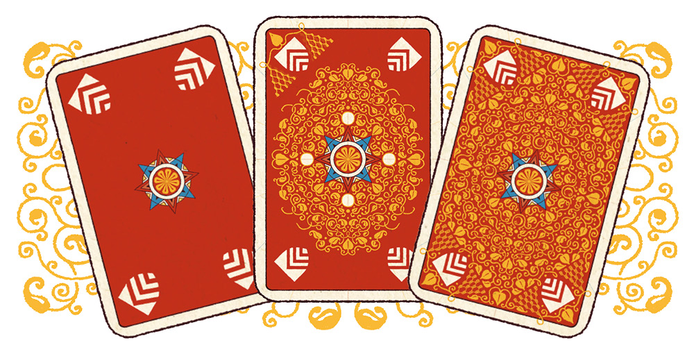 Progression de la création du motif circulaire sur le dos des cartes