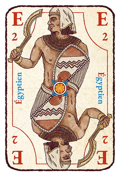 Carte E majuscule avec un guerrier égyptien