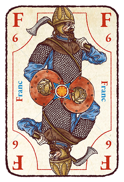 Carte F majuscule avec un guerrier franc