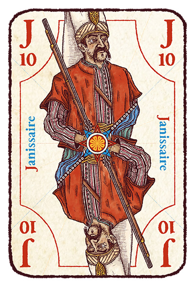 Carte J majuscule avec un janissaire