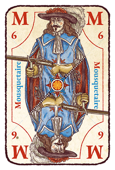 Carte M majuscule avec un mousquetaire du roy