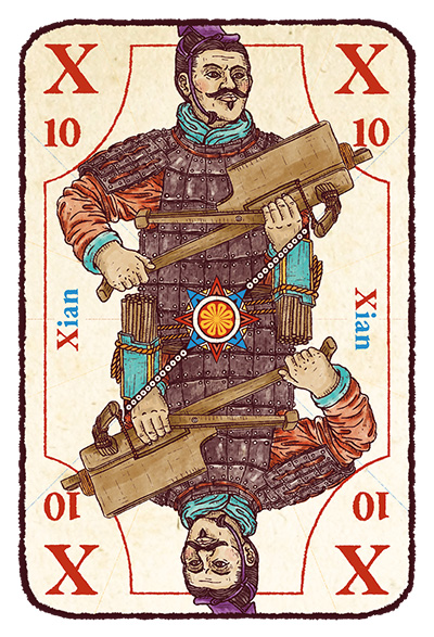 Carte X majuscule avec un guerrier xian