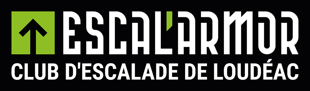 Logo linéaire avec pictogramme et sous-titre sur fond noir d'Escal'Armor - club d'escalade de Loudéac