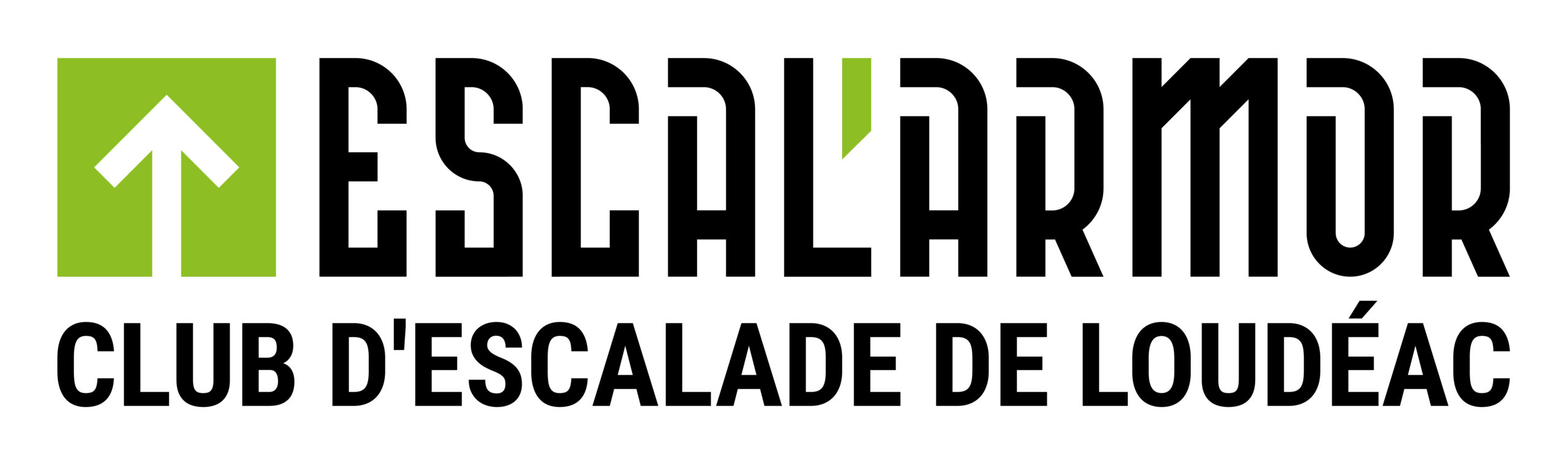 Logo linéaire avec pictogramme et sous-titre sur fond blanc d'Escal'Armor - club d'escalade de Loudéac